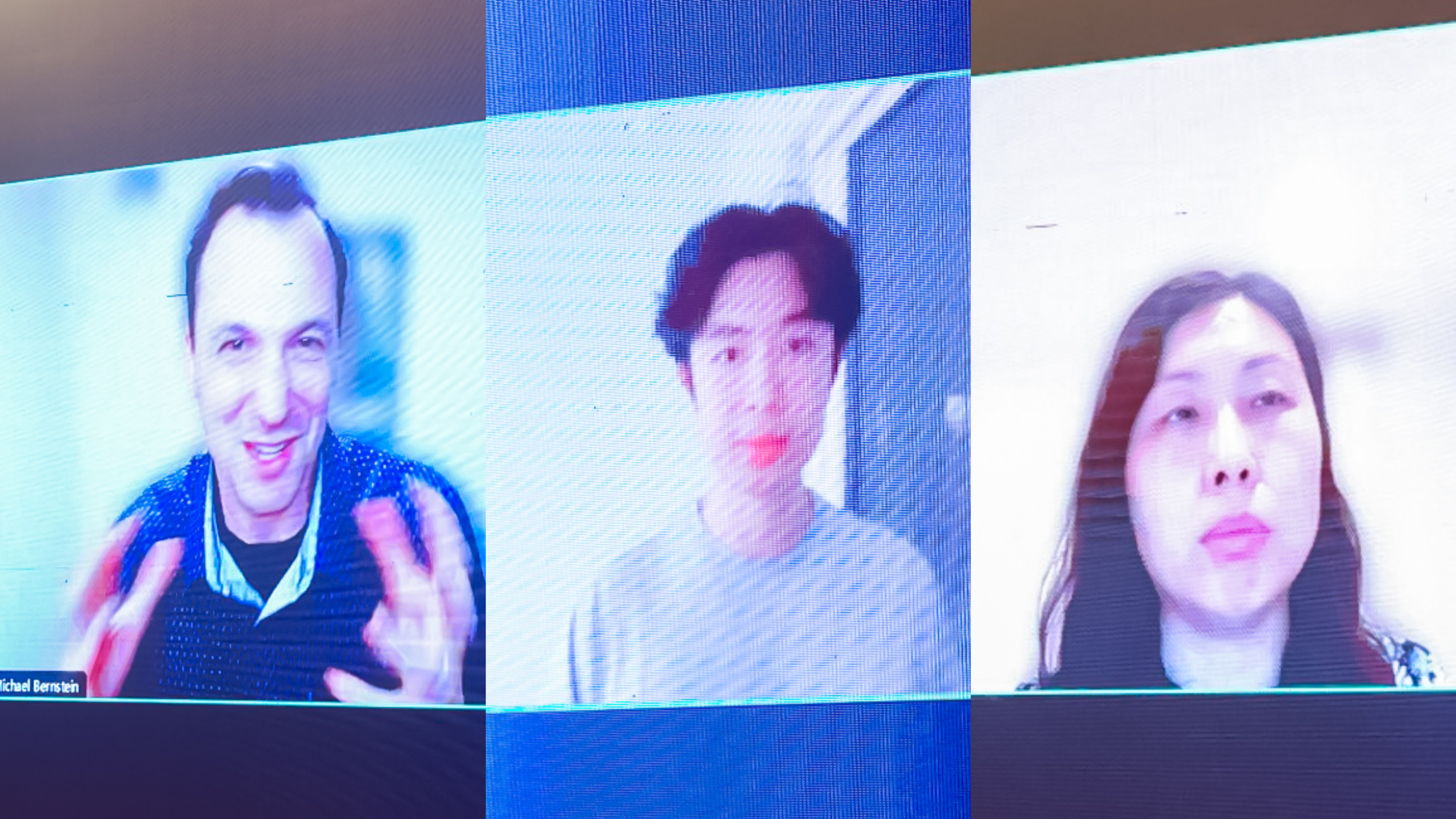 20230910-清华大学计算机系与人工智能研究院基础模型研究中心联合举办首届基础大模型研讨会-嘉艺-Michael Bernstein(左)、Jason Wei(中)、Yan Liu(右)在线上作报告.jpg