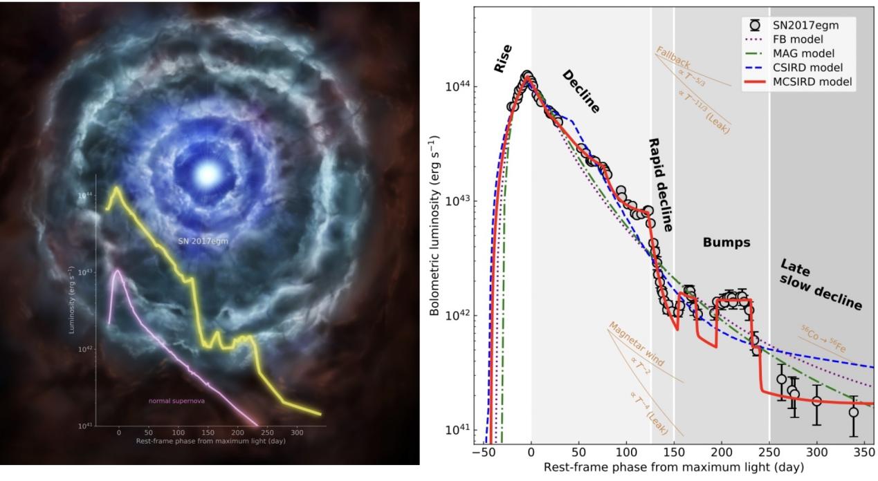 20230501-科研进展-王晓锋-左图为超新星复杂星周环境的艺术效果图，黄线和粉线分别是超亮超新星SN 2017egm和普通超新星SN 1998bw的热光度曲线（北京天文馆喻京川绘制）。右图是SN 2017egm光度演化曲线与黑洞吸积模型（FB）、磁星模型（MAG）、抛射物与单层介质相互作用 放射性元素模型（CSIRD）和抛射物与多层介质相互作用 放射.jpg