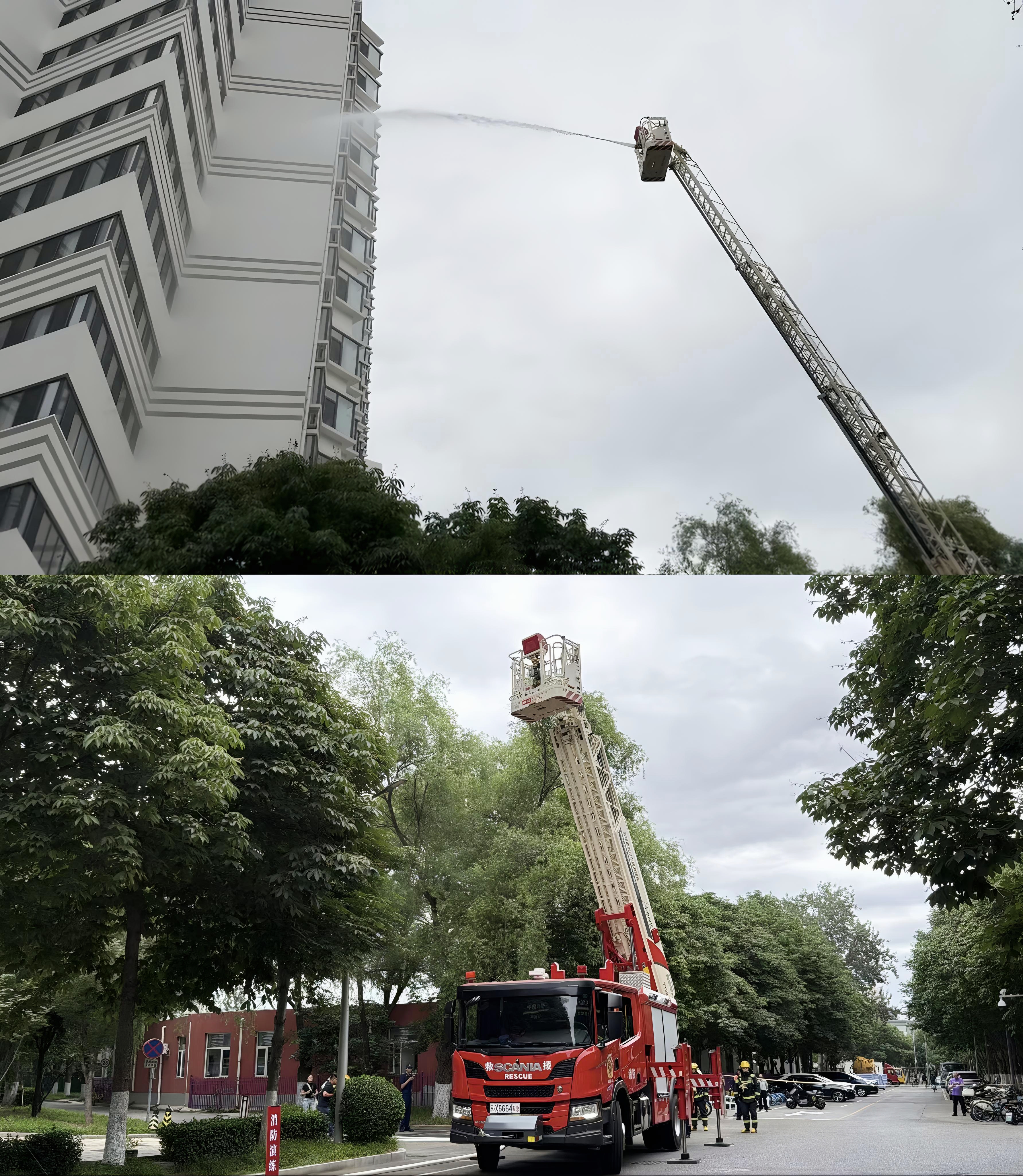 20260629-清华大学开展2026年高层学生公寓综合消防演练-张洋-消防车实施高层外围出水作业.jpg