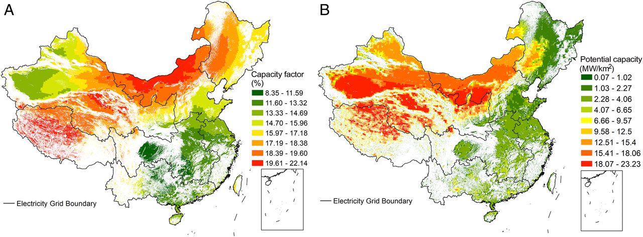 20211012-清华大学环境学院、碳中和研究院、哈佛大学等联合团队系统解析我国太阳能发电平价路径与并网潜力-鲁玺-图1 光伏发电容量因子（A）及装机潜力（B）分布.jpg